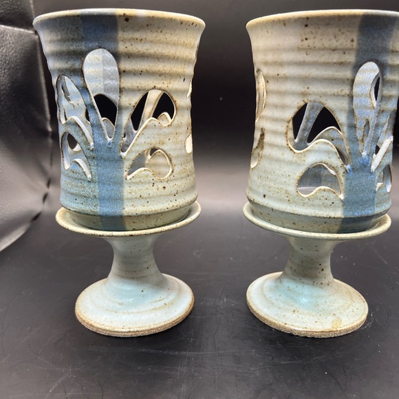 2 MCM Studio Art Pottery Candle Holder Cut Out Pedestal Blue Set Of 2 signed - Picture 2 of 11